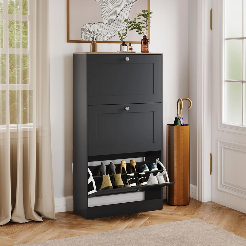 Vida Designs 3 Drawer Shoe Cabinet | Black & Oak | Space-Saving Storage for 15+ Pairs | 117H x 58W x 23.5D cm | Anti-Tip | Modern Hallway Unit