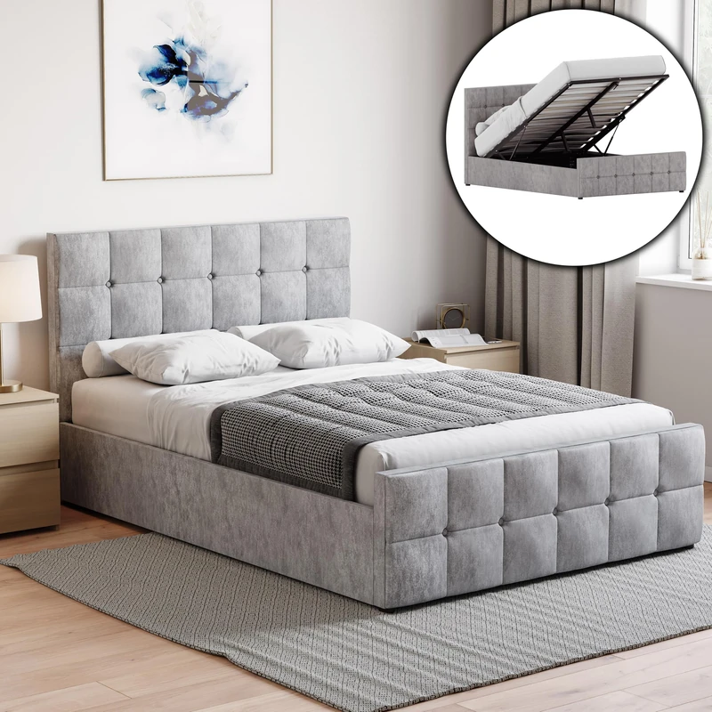 Vida Designs Valentina Double Ottoman Storage Bed with Mattress – Crushed Velvet Silver – Lift-Up Storage Design – 106H x 147W x 207D cm – Gas Lift Mechanism – UKFR Certified