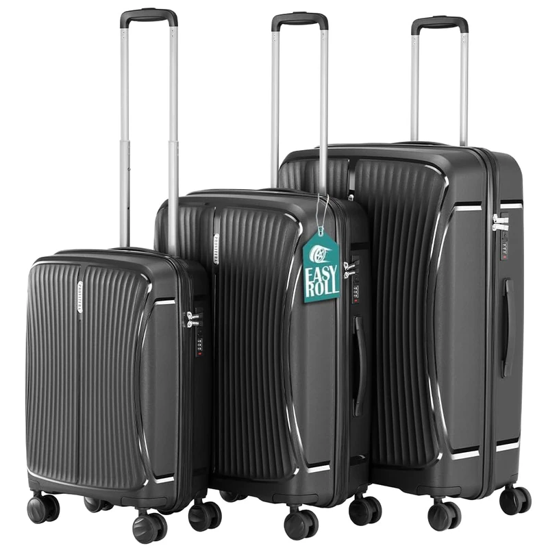 PROVITERA Set of 3 Hard ABS Suitcases 90L - 59L -38L with Silent Wheels Easy Roll 360° Swivel, Ultralight Suitcase with Reinforced Combination Lock, Ergonomic Telescopic Handle, Black, Classic