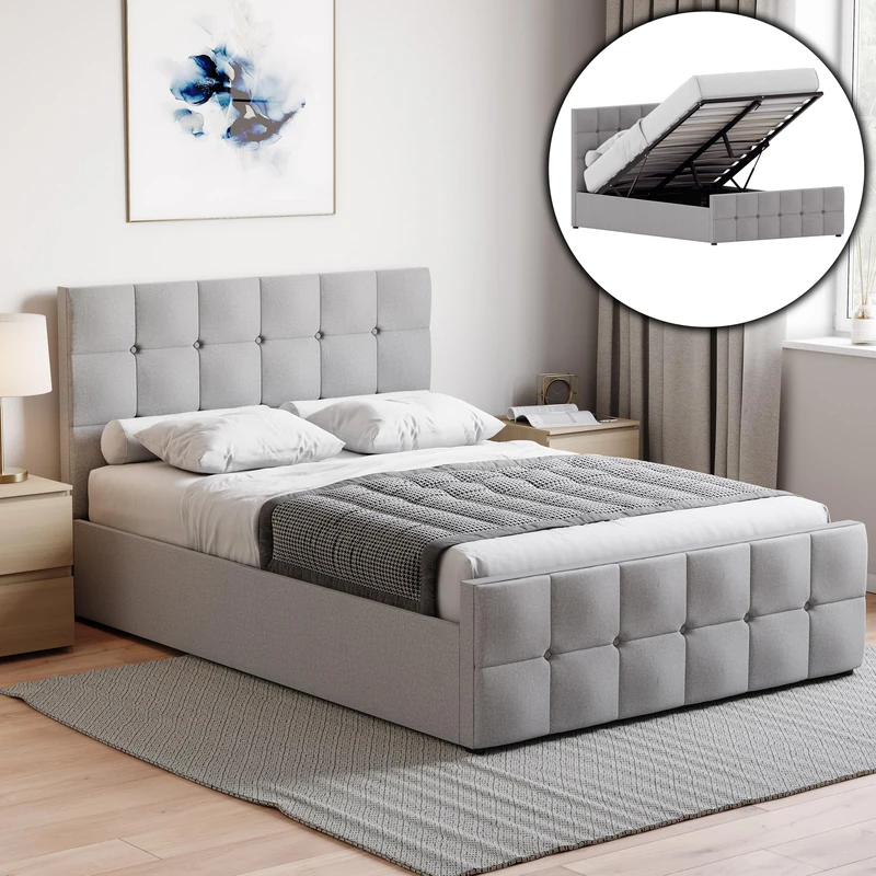 Vida Designs Valentina Double Ottoman Storage Bed with Mattress – Light Grey Linen – Lift-Up Storage Design – 106H x 147W x 207D cm – Gas Lift Mechanism – UKFR Certified