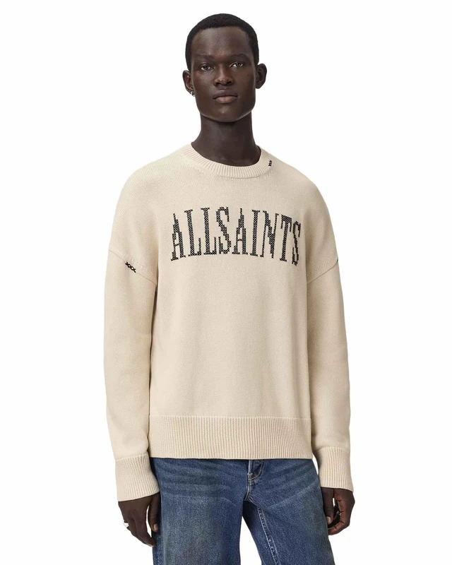 All Saints Men's Crossed Crew Knitwear, Ecru White, XL