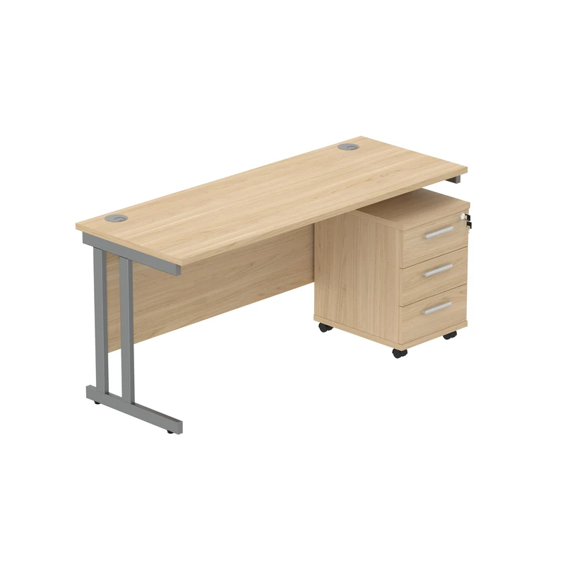 Office Hippo Heavy Duty Contract Grade Office Desk Workstation and Lockable 3-Drawer Pedestal Set, 120kg Weight Tolerance, 5-Year Warranty, FSC Certified, Canadian Oak, Graphite Legs, 1600 x 600mm - Image 1