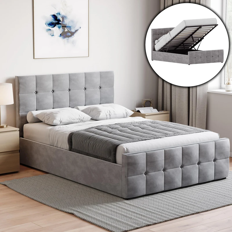 Vida Designs Valentina Double Ottoman Storage Bed with Mattress – Light Grey Velvet – Lift-Up Storage Design – 106H x 147W x 207D cm – Gas Lift Mechanism – UKFR Certified