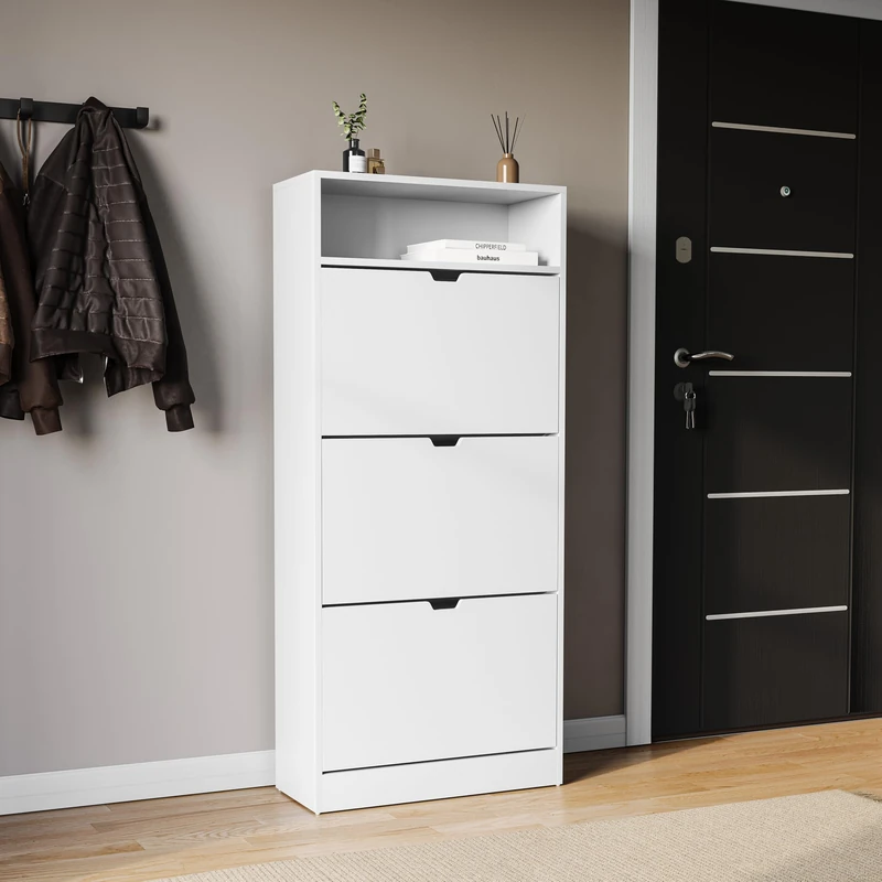 Vida Designs 3 Drawer Shoe Cabinet with Shelf | White |Slim Space-Saving Storage for 15+ Pairs | 132H x 60W x 24D cm | Anti-Tip | Modern Hallway Unit