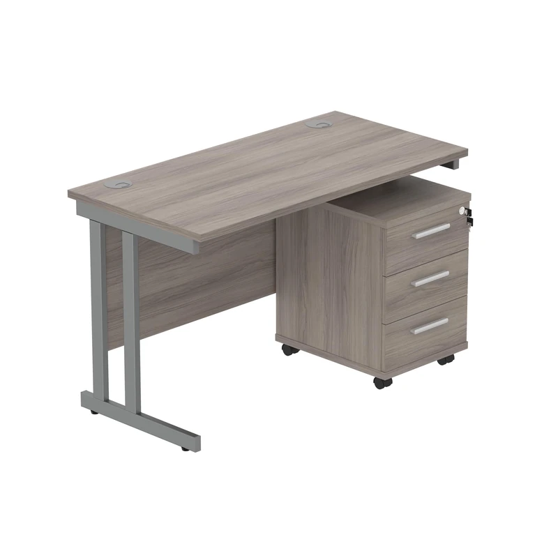 Office Hippo Heavy Duty Contract Grade Office Desk Workstation and Lockable 3-Drawer Pedestal Set, 120kg Weight Tolerance, 5-Year Warranty, FSC Certified, Alaskan Grey Oak, Graphite Legs, 1200 x 600mm