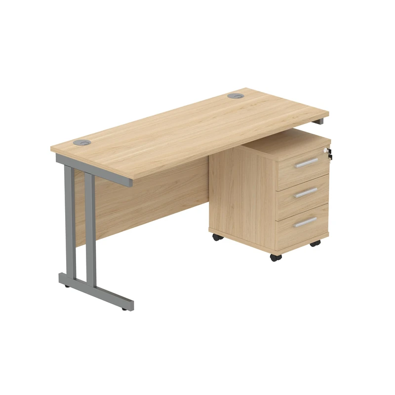 Office Hippo Heavy Duty Contract Grade Office Desk Workstation and Lockable 3-Drawer Pedestal Set, 120kg Weight Tolerance, 5-Year Warranty, FSC Certified, Canadian Oak, Graphite Legs, 1400 x 600mm