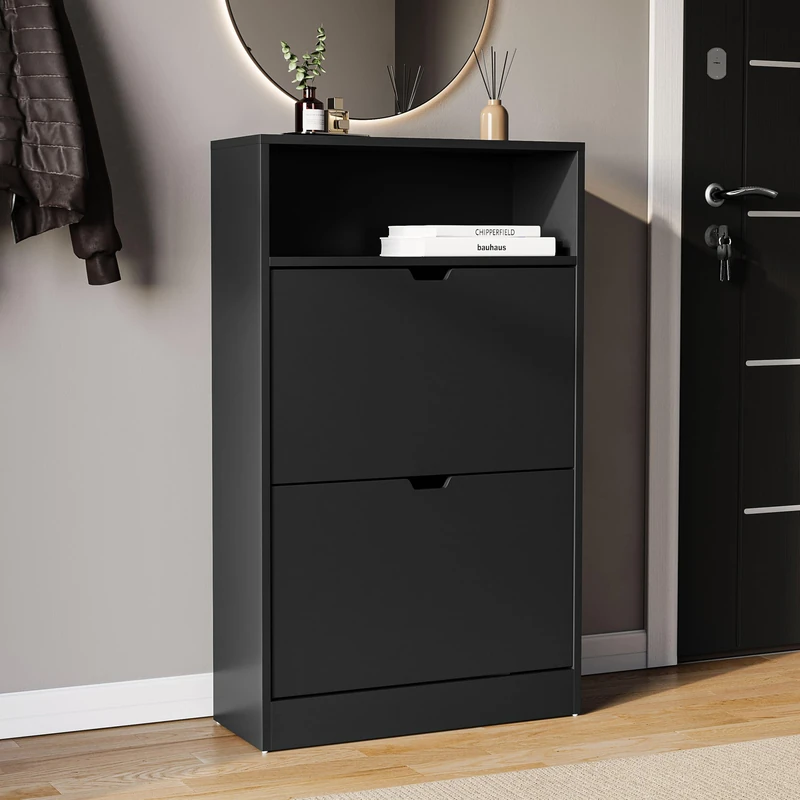 Vida Designs 2 Drawer Shoe Cabinet with Shelf | Black | Slim Space-Saving Storage for 10+ Pairs | 97H x 60W x 24D cm | Anti-Tip | Modern Hallway Unit