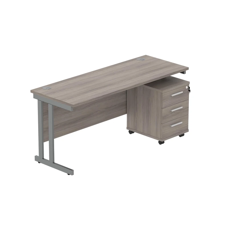 Office Hippo Heavy Duty Contract Grade Office Desk Workstation and Lockable 3-Drawer Pedestal Set, 120kg Weight Tolerance, 5-Year Warranty, FSC Certified, Alaskan Grey Oak, Graphite Legs, 1600 x 600mm