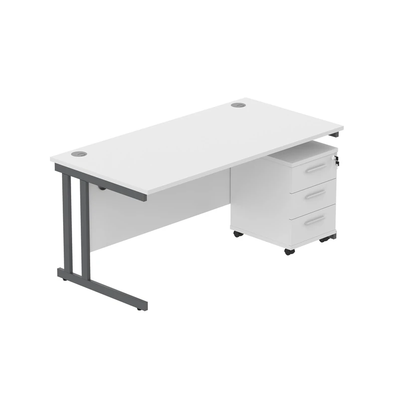 Office Hippo Heavy Duty Contract Grade Office Desk Workstation and Lockable 3-Drawer Pedestal Set, 120kg Weight Tolerance, 5-Year Warranty, FSC Certified, Arctic White, Graphite Legs, 1600 x 800mm