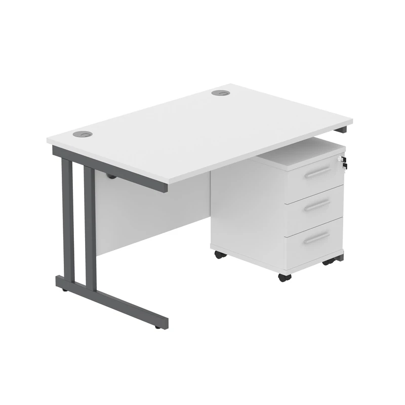 Office Hippo Heavy Duty Contract Grade Office Desk Workstation and Lockable 3-Drawer Pedestal Set, 120kg Weight Tolerance, 5-Year Warranty, FSC Certified, Arctic White, Graphite Legs, 1200 x 800mm