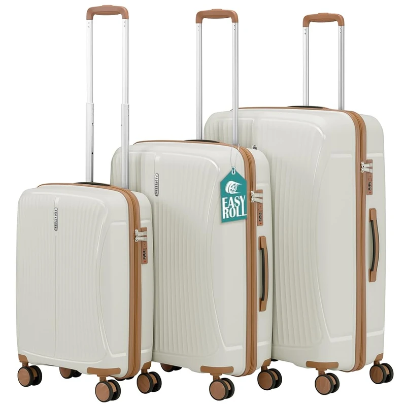 PROVITERA Set of 3 Hard ABS Suitcases 90L - 59L -38L with Silent Wheels Easy Roll 360° Swivel, Ultralight Suitcase with Reinforced Combination Lock, Ergonomic Telescopic Handle, White, Classic