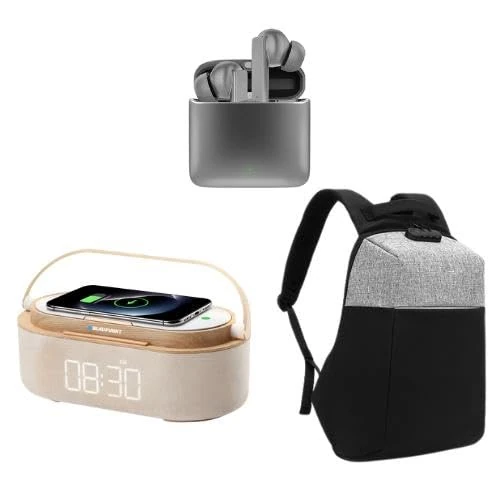BLAUPUNKT WAKE UP PACK: 10W LED Speaker with Wireless Charging Base, Bluetooth 5.0, 3 Lighting Modes+ Smart Backpack BLP0350/26 + Wireless Earbuds - BLP4150/26 BLP-PACK4