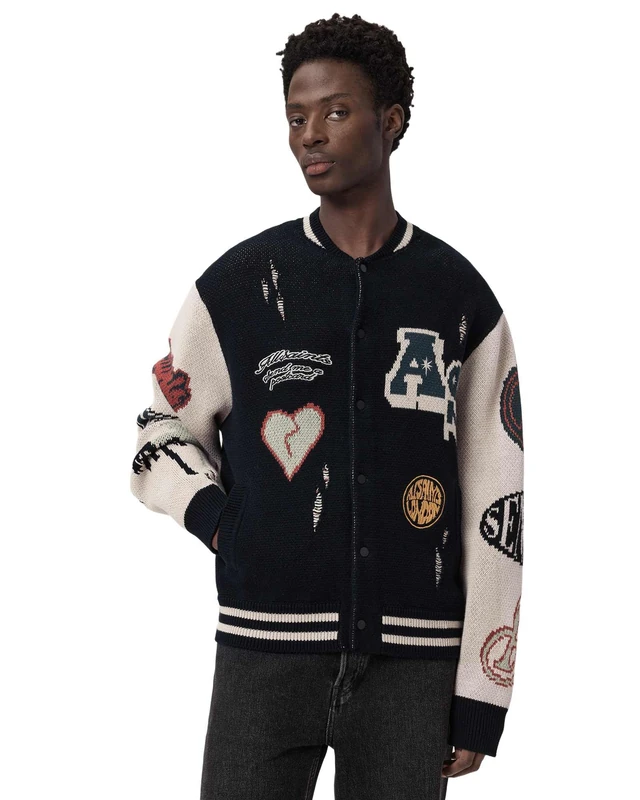 All Saints Men's Chase Cardigan Knitwear, Black/Ecru White, XS