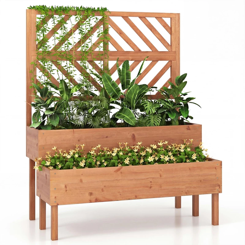 GiantexUK 2-Tier Garden Bed with Trellis, Wood Garden Planter with Drainage Hole, Outdoor Elevated Flower Pots Planting Box for Climbing Plants Vine Vegetables Herbs (Orange, 109x62x135cm)