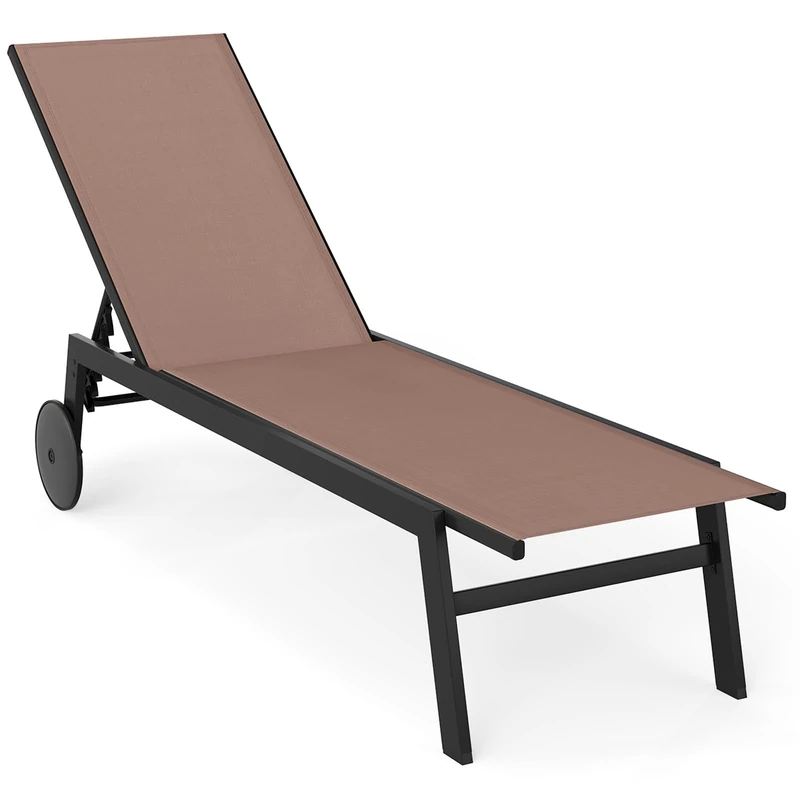 FANTASK Sun Lounger with Wheels, Sun Lounger with 6-Way Adjustable Backrest, Garden Lounger Made of Quick-Drying Fabric, Beach Chair, Load Capacity up to 150 kg, for Garden, Balcony, Brown, 1 Lounger - Image 1