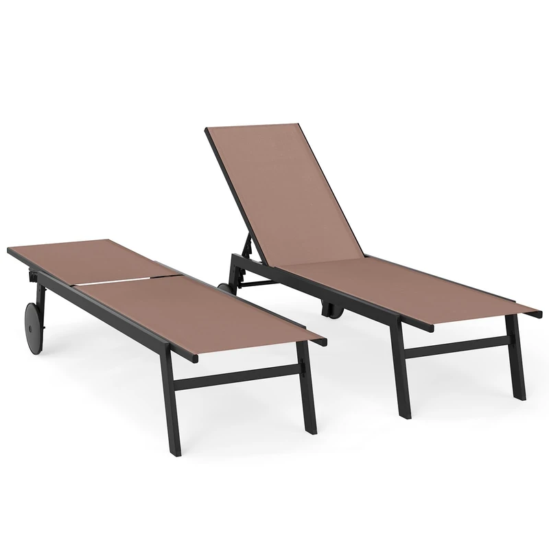 FANTASK Sun Lounger with Wheels, Sun Lounger with 6-Way Adjustable Backrest, Garden Lounger Made of Quick-Drying Fabric, Beach Chair, Load Capacity up to 150 kg, for Garden, Balcony, Brown, 2 Sun - Image 1
