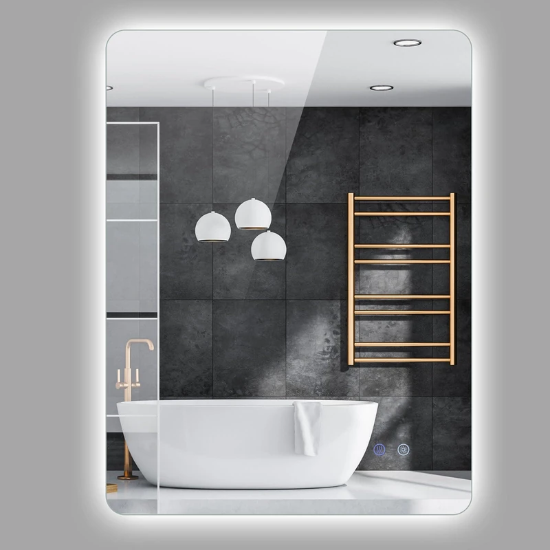 FANTASK Bathroom Mirror Rectangle LED Tempered Glass Bathroom Mirror with Touch Control Dimmable Anti-Fog Memory (80L x 60B)