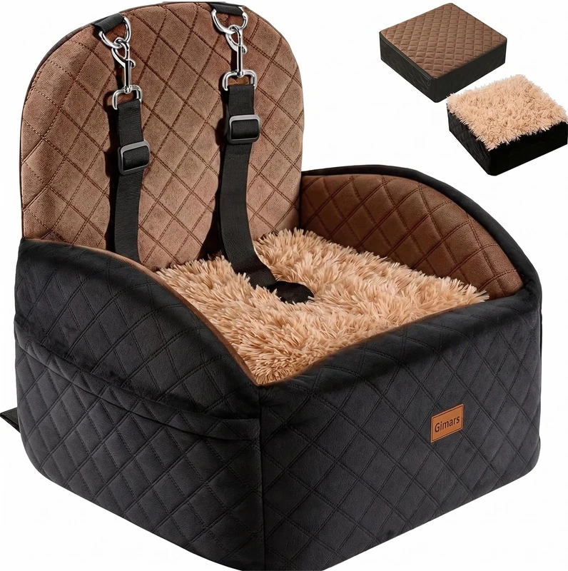 Gimars Reversible Dog Car Seat with Long & Short Plush for Small/Medium Dogs Up to 16kg, Detachable Washable Anti-Slip Dog Booster Car Seat with 15cm 28D Egg-Crate Foam, Safety Belt, S-Brown - Image 1
