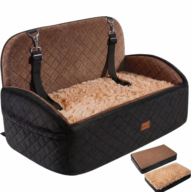 Gimars Reversible Dog Car Seat with Long & Short Plush for Small/Medium Dogs Up to 27kg, Detachable Washable Anti-Slip Dog Booster Car Seat with 13cm 28D Egg-Crate Foam, Safety Belt, L-Brown