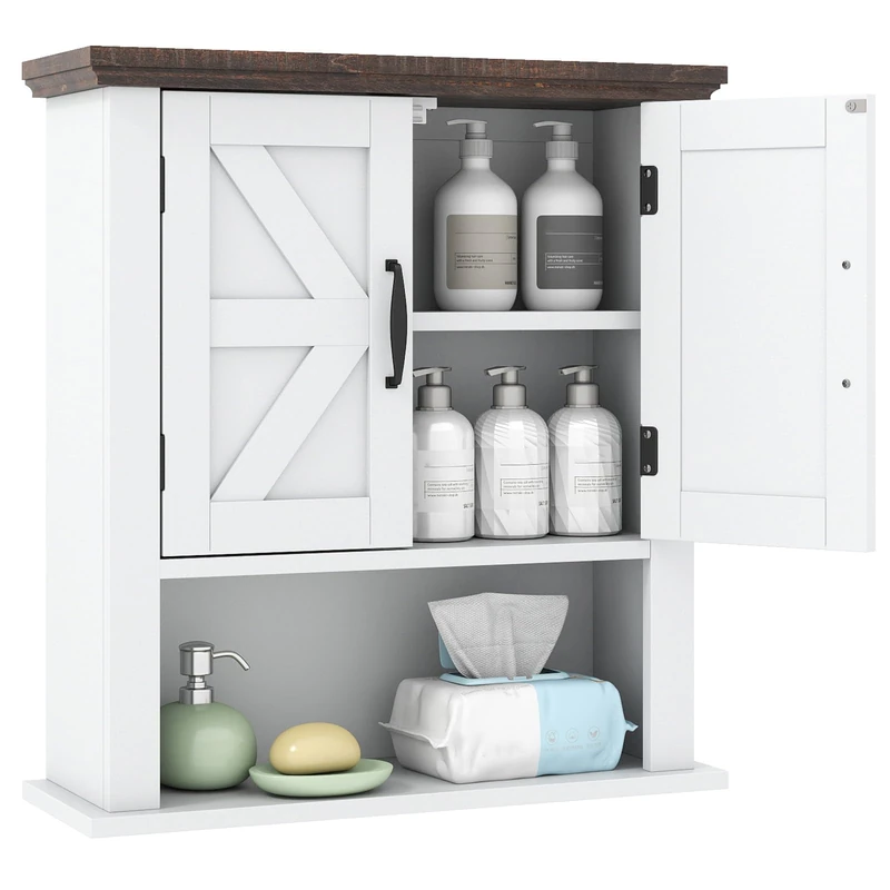 RELAX4LIFE Double Door Wall Mounted Bathroom Cabinet, Over The Toilet Storage with 2 Doors and Adjustable Shelves, Wooden Bathroom Cupboard for Living Room (with Open Compartment, White)