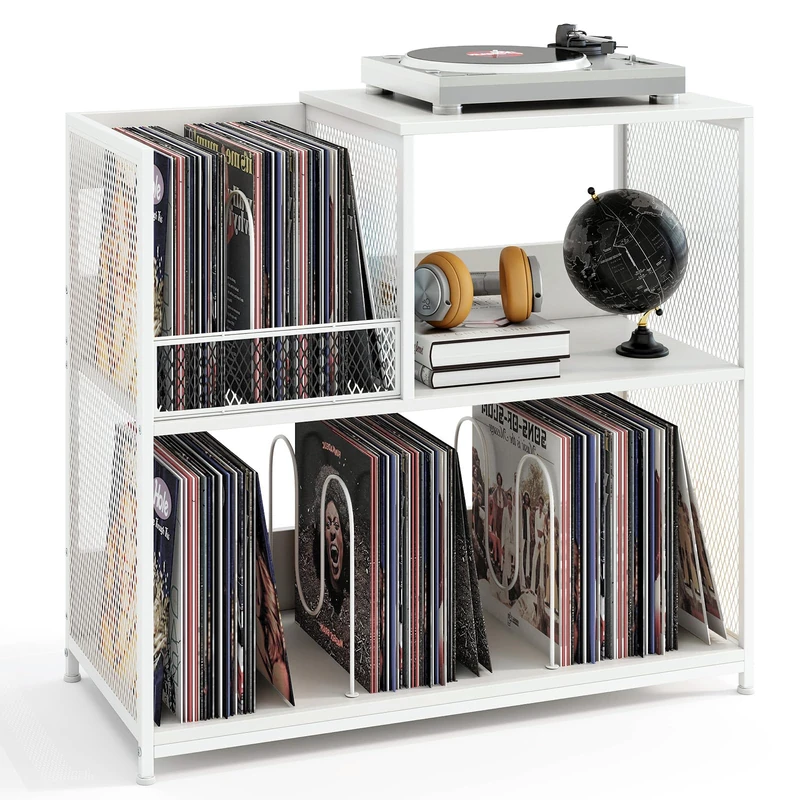 CASART 3-Tier Record Player Stand, Turntable End Table with Removable Dividers & Metal Frame, Vinyl Display Storage Shelf for Living Room Bedroom Studio (White)