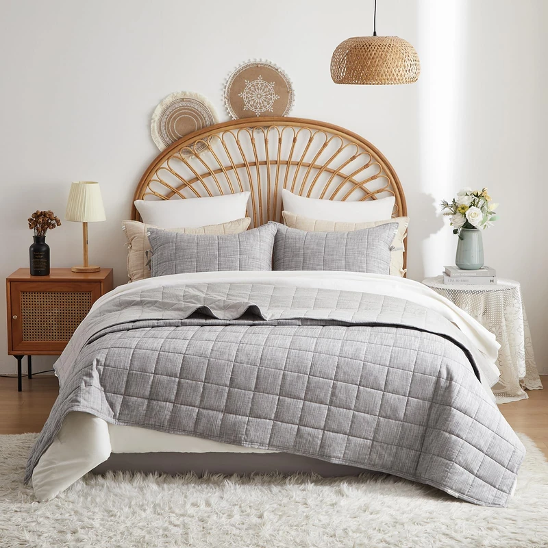 softpage Charcoal Gray Quilts Queen Size, Cotton Queen Quilt Set Stone Washed with Grey Stripe Bedding Coverlet Light Weight 3-Pieces with 2 Pillow Shams