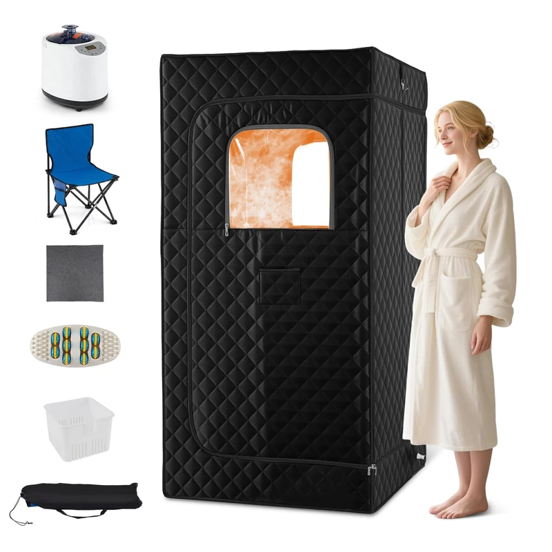 HOMFME Portable Steam Sauna Box, Sauna Tent with 1200W 3L Steamer, 15-Level Temperature, Remote Control, 99-Min Timer, Foldable Chair, Personal Home Spa for Full Body Relaxation (Black)