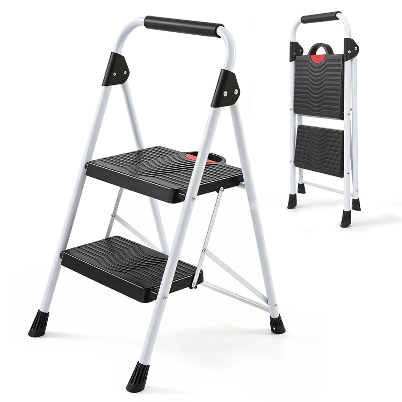 Sekey Folding Step Ladder, 2 Steps, Household Ladder with Steel Frame, Wide Non-Slip Plastic Step, Folding Step for Kitchen and Household, SGS EN131-2 & 14183 Tested, 150 kg Load Capacity