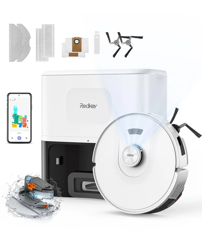 Redkey D8 Robot Vacuum Cleaner with Station, 25000Pa Ultra Powerful Suction, Robot Vacuum Cleaner with 4L Automatic Emptying, Anti-Tangle, LiDAR, Mapping, Obstacle Avoidance