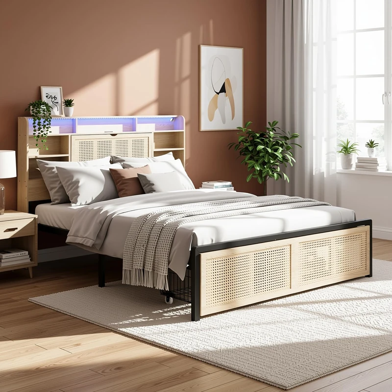 39F Furniture Dream Wooden Double Bed Frame with Storage Headboard, LED Strip Light, Charging Port & Rattan-Style Drawer, 4ft6 (135×190cm), Natural Wood Finish - Image 1