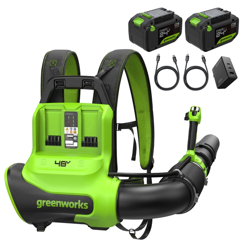 Greenworks 48V (24V x 2) Backpack Leaf Blower, Brushless Motor, 19.82 m³/min, 297km/h, QUIETFORCE Technology, 2x 8Ah USB Batteries & 140W USB-C Fast Charger Included BL48020A2