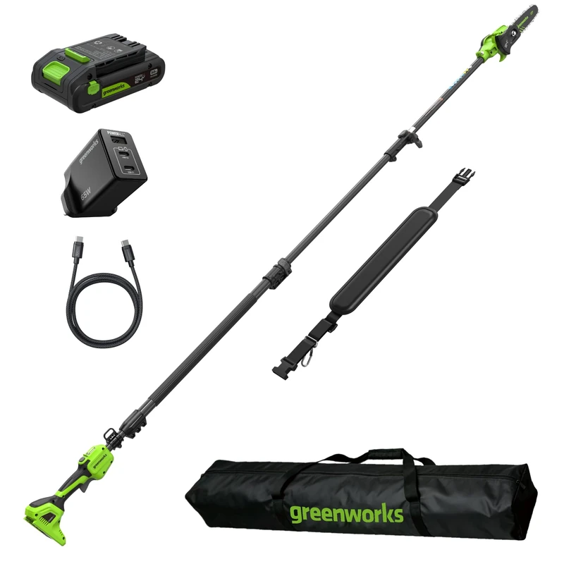 Greenworks 24V Telescopic Pole Saw Brushless, 20m/s Cutting Speed, Cordless Long Reach Chainsaw with 20cm Blade and Auto-Oil System for Tree Trimming, Including 3Ah Battery and 65W Fast Charger