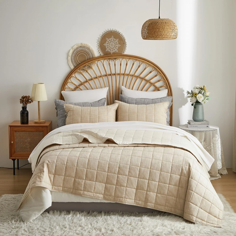 softpage Beige Quilts Queen Size, Cotton Queen Quilt Set Stone Washed with Beige Stripe Bedding Coverlet Light Weight 3-Pieces with 2 Pillow Shams