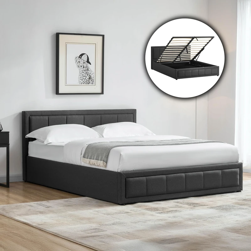 Vida Designs Vanita King Fabric Bed Frame with Mattress – Dark Grey – Modern Upholstered Design – 85H x 161W x 216D cm – Panel Headboard – UKFR Certified