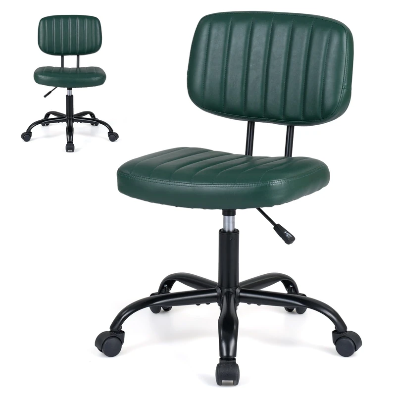 CASART Swivel Office Chair, PU Leather Ergonomic Armless Chair with 5 Rolling Casters, Height Adjustable Mid-Back Seat Task Chairs for Home Office (Green, 58 x 58 x 77-86cm)