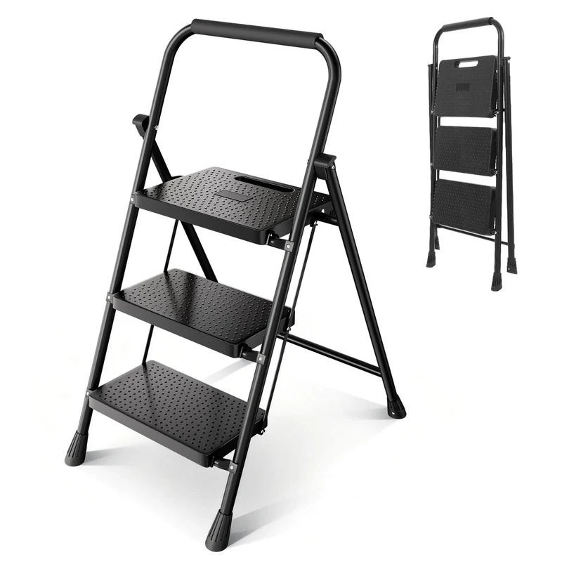 Sekey Step Ladder, 3 Steps, Foldable, Ladder with Steel Frame, Non-Slip Plastic Steps, Folding Step for Household & Kitchen, TÜV & SGS, EN 131-2 & 14183, Maximum Load 150 kg, Black