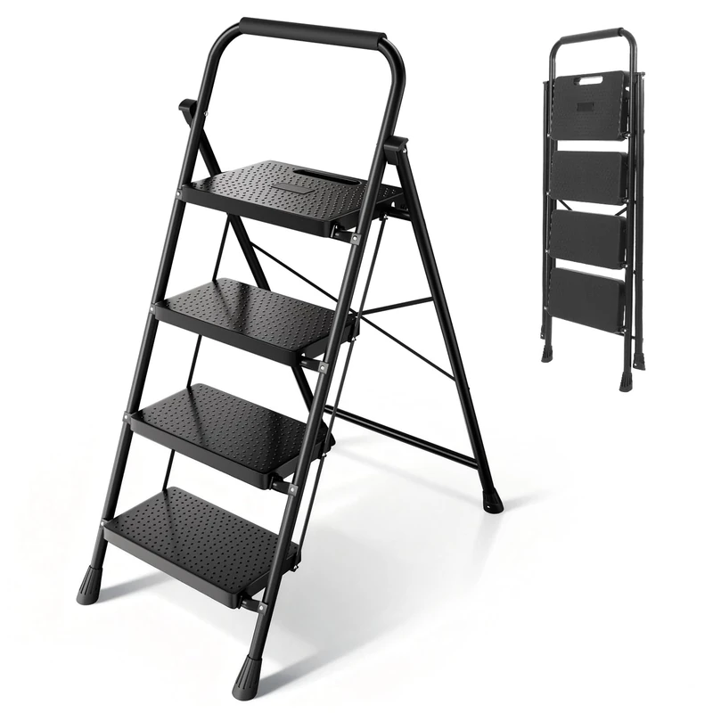 Sekey Step Ladder, 4 Steps, Foldable, High Household Ladder with Steel Frame, Non-Slip Plastic Steps, Foldable Ladder for Home, TÜV & SGS, EN 131-2 & 14183, 150 kg Load Capacity, Black