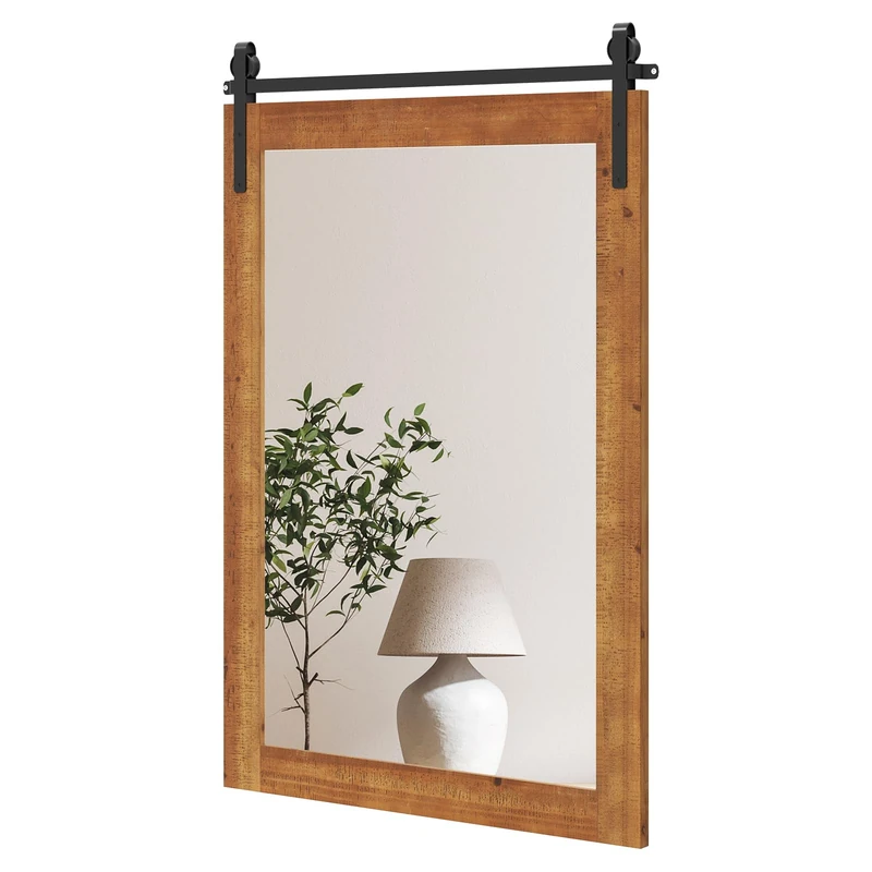 CASART Decorative Wall Mirror, Rustic Farmhouse Wall Mounted Hanging Mirror, Explosion-proof Barn Door Style Rectangle Vanity Mirror for Living Room Bedroom Bathroom Dressing Room (Tan, 91 x 61cm)