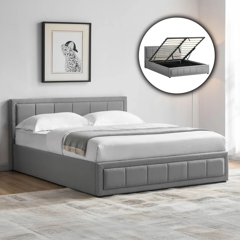 Vida Designs Vanita King Ottoman Bed Frame with Mattress – Light Grey – Fabric - Modern Upholstered Design – 85H x 161W x 216D cm – Panel Headboard – UKFR Certified