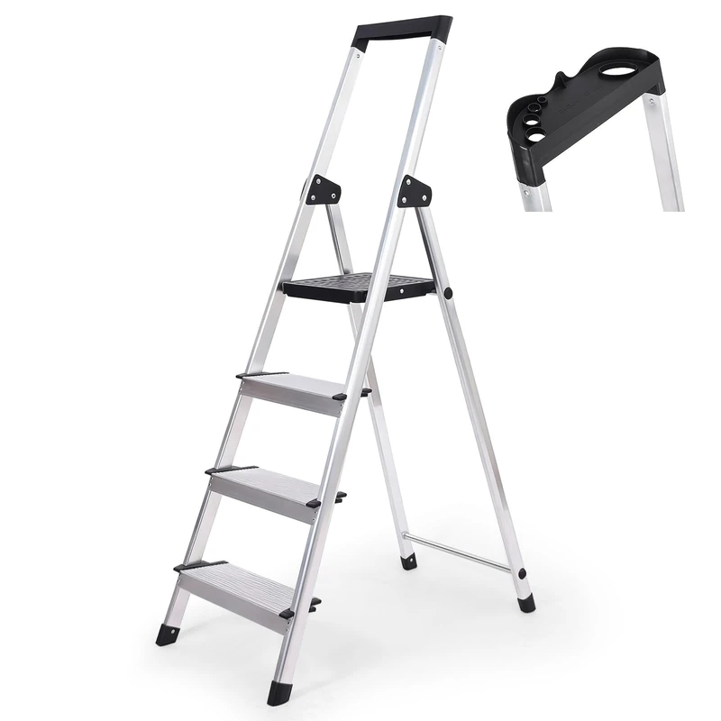 Sekey Aluminium Step Ladder 4 Steps (140 cm), Foldable, with Tool Tray, Non-Slip, Maximum Load 150 kg, TÜV EN131-2, for Home, Garage and Garden
