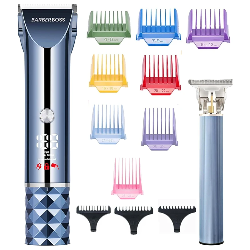 BarberBoss Hair & Beard Clipper Kit, Men’s Cordless Groomer, Turbo Speed Trimmer with LED Display, Adjustable Blade, 8 Guide Combs, Grooming Kit for Men