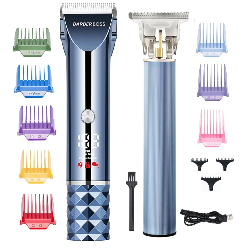 BarberBoss Men’s Hair & Beard Trimmer, Turbo Speed Groomer with LED Display, Adjustable Blade, 8 Guide Combs & USB Rechargeable and Cordless Clipper Kit for Men
