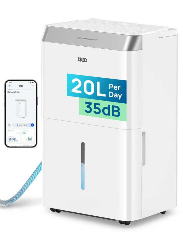 DREO 20L/Day Smart Dehumidifier, Low Energy & 35dB Quiet, Whole House Dehumidifier with Humidity Sensor & Display, 3 Speeds, Auto Humidity Control, Laundry Dry for Damp Large Rooms, 24H Timer