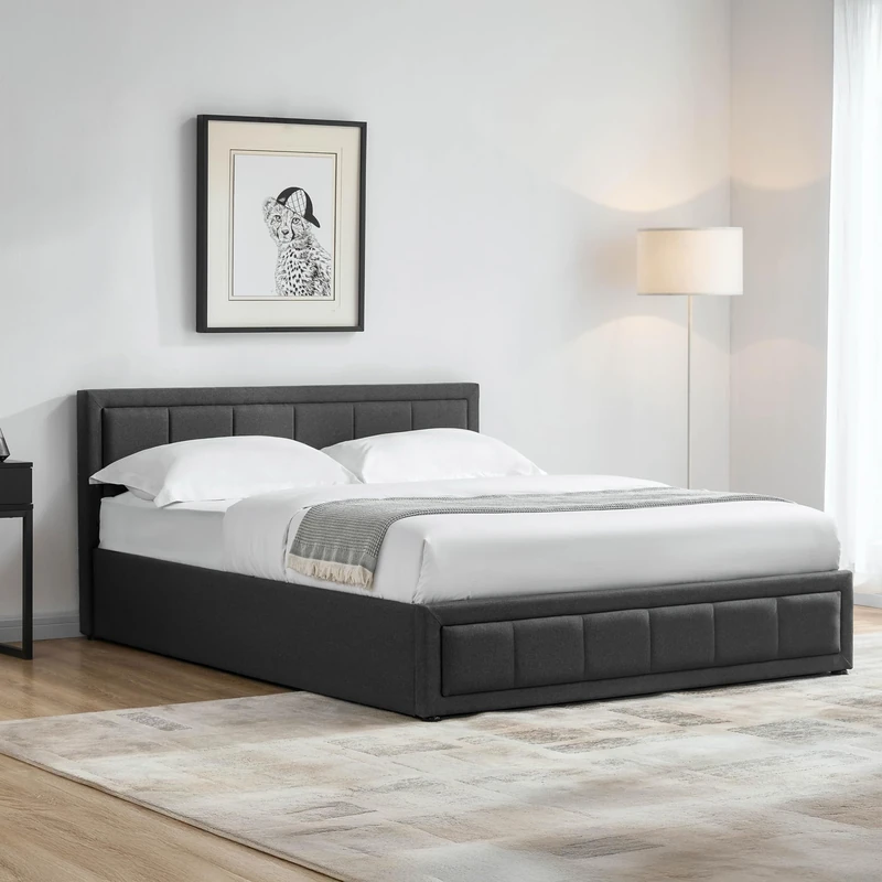 Vida Designs Vanita King Bed Frame with Mattress | Dark Grey | 88 H x 160 W x 216 D cm | Upholstered Fabric | Cushion Headboard | Easy Assembly | Slat Support | Premium Bedroom Furniture - Image 1