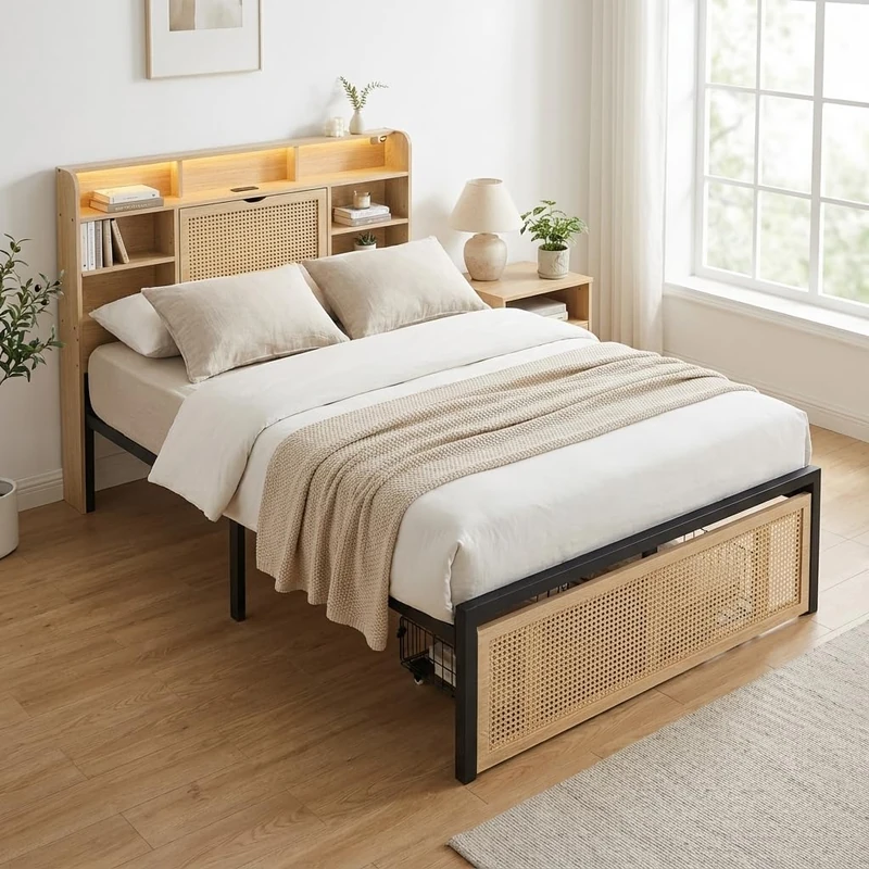 39F Furniture Dream Wooden Single Bed Frame with Storage Headboard, LED Strip Light, Charging Port & Rattan-Style Drawer, 3ft (90×190cm)