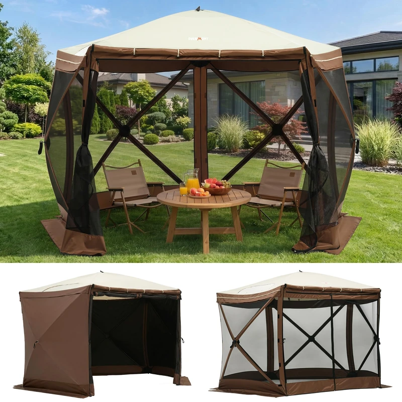 Overmont Pop up Gazebo Screen Tent - Large Instant Screen House Tent with Netting Removable Wind Cloths Full Open Door Skylight - Portable Outdoor Screened Shelter for Camping Backyard Patio Parties