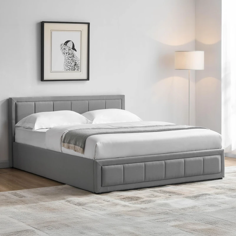 Vida Designs Vanita Fabric Bed Frame Headboard Bedroom Furniture (Light Grey, King Size 5ft | With Mattress)