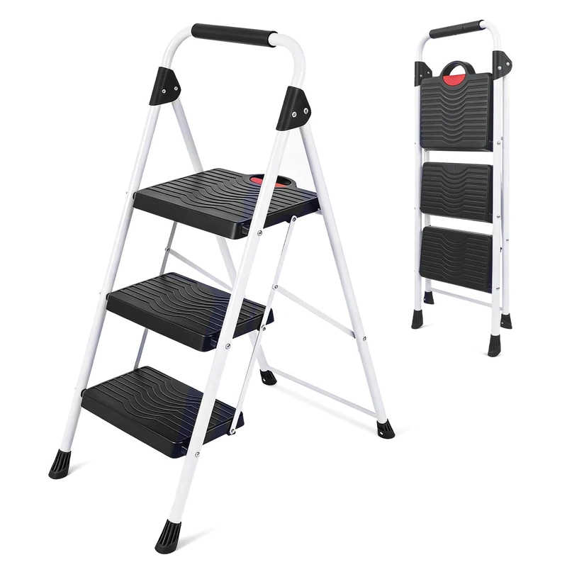 Sekey Step Ladder 3 Steps Foldable, Ladder with Steel Frame, Non-Slip Plastic Steps, Folding Step for Household and Kitchen, SGS EN131-2 & 14183 Tested, Maximum Load 150 kg