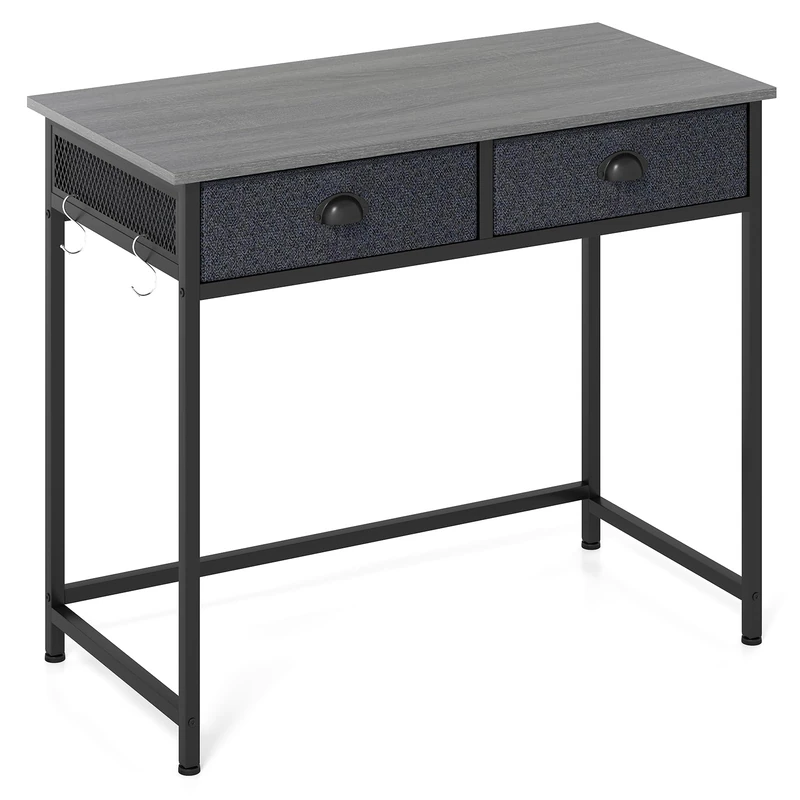 CASART Computer Desk with 2 Drawer, 90 x 45cm Home Office Desk with Metal Frame, Wooden Writing Desk Compact Study Table for Small Spaces (Grey)
