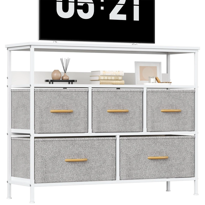 KU Syang 5-Drawer Chest of Drawers with TV Stand | Heavy-Duty Steel Frame & Scratch-Resistant MDF Top | Multi-Functional Storage Unit with Fabric Drawers for Bedroom & Living Room Hallway Light Grey